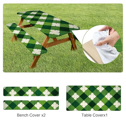 ANNA QUEEN St. Patrick’s Day 6FT Picnic Table Cover with Bench Covers Set of 3 with Drawstring Bag, Green Plaid Clover 72"x30" Waterproof Picnic Tablecloth & Bench Covers - color: #63