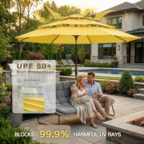 Kingdura 9ft 3-Tier Patio Umbrella, Outdoor Table Umbrella with Easy Crank & Tilt, 8 Reinforced Ribs, UV Protection for Deck, Pool, Market, Backyard (Yellow) - color: Yellow, size: 9 FT