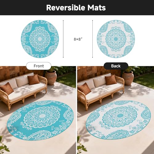Pauwer Waterproof Outdoor Rug 8ft, Reversible Plastic Straw Patio Camping Rug, Indoor Outdoor RV Mat Carpet for Deck, Camper, Porch, Balcony, Backyard, Picnic, Boho Teal - color: Boho Teal, size: 8' (Round)