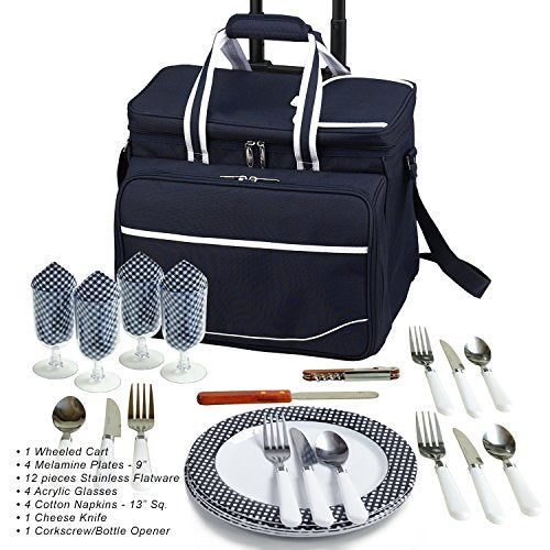 Picnic at Ascot Original Insulated Picnic Cooler with Service for 4 on Wheels-Designed & Assembled in the USA - color: Navy