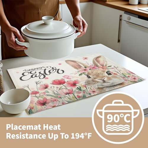 Happy Easter Placemats Set of 4, 12x18 Inch Spring Pink Flowers Bunny Place Mat Heat Resistant Washable Durable Rectangle Dining Table Mats Farmhouse Kitchen Holiday Party Decor - color: Easter Bunny