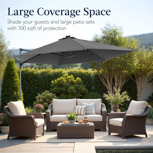 Best Choice Products 10ft Solar LED Offset Cantilever Hanging Market Patio Umbrella, Smooth 360° Rotation, 8 Sturdy Ribs, Easy Adjustment - Gray - color: Gray, size: Offset w/ 360° Rotation