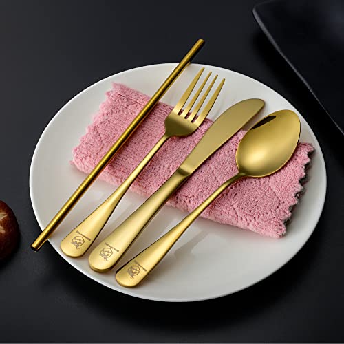 Boulder Bee | Travel Utensils Set | Reusable Camping Cutlery Set | Stainless Steel Flatware Set | Portable Silverware Set with Case | Includes Knife/Fork/Spoon/Straw/Cleaning Cloth/Case (Gold) - color: Gold