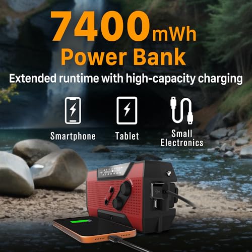 FosPower NOAA Emergency Weather Radio A1 7400mWh Portable Power Bank, AM/FM, USB/Solar/Hand Crank Charging, Battery Operated, SOS Alarm & Flashlight for Indoor/Outdoor Emergency - Red - color: 04 - Model A1 - Red