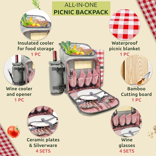 Nature Gear Picnic Backpack for 4, Insulated Picnic Set with Dinnerware, Wine Cooler, Blanket & Cutlery Service, Waterproof Outdoor Bag for Beach, Camping, Travel & Park, Red - color: Red