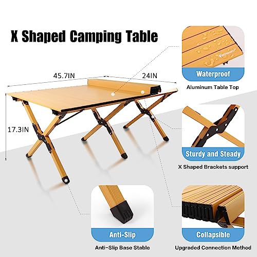 Rollingsurfer Folding Camping Table, Lightweight Roll-Up Table Aluminum Low Portable Picnic Table with Easy Carrying Bag for Outdoor, Beach, Picnic, Backyards, BBQ and Party, 45.2"L x 23.6"W x 17.3"H - size: 45.2inch