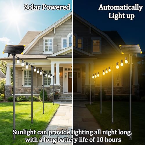 4 Pack Outdoor String Light Poles with Solar Panel & 590 Inch LED String Lights, Heavy Duty Metal Light Pole for Patio, Backyard, Garden, Wedding, Party & Front Porch Decor