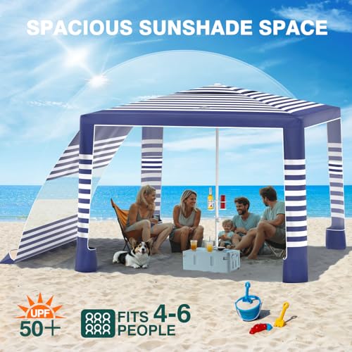 Rhino Valley Beach Cabana, 8 * 8FT Beach Tent UPF50+ Protection, Easy Setup Beach Canopy Wind Resistant with Cup Holder, Compact Beach Shade Foldable Beach Tent Sun Shelter, Blue Stripes - color: Blue Stripes