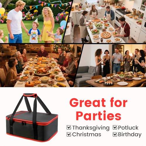 Insulated Resuable Casserole Carrier Bag for Hot or Cold Food, Foldable Portable Prep Carrier, Thermal Food Transport Bag for 9''x13'' & 11''x15'' Baking Pan, Travel Picnic Cake Dessert lunch, Black - size: Standard Black-Red
