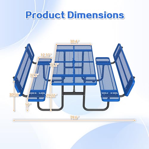72" Rectangular Metal Picnic Tables for Outdoors with Backrest Seats Umbrella Hole - Coated Steel Heavy Duty Commercial Grade Table, Patio Rectangular Furniture Set for a Lifetime, Blue - color: Blue-backrest