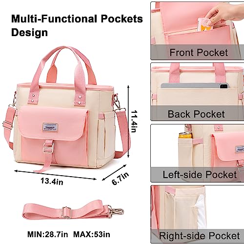 Weitars Insulated Lunch Bag for Men Women,Leak Proof Lunch Box for Work,Extra Large Lunch Tote Bag With Removable Shoulder Strap with Side Pockets,Reusable Lunch Bag For Picnic Hiking - color: Beige/Pink