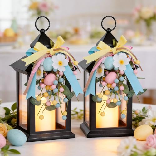 Easter Decorative Candle Lanterns, Battery Operated with Timer, 2 Pack Black Easter Egg Lanterns, 14" Waterproof Hanging Lanterns for Porch, Patio, Wedding Spring Decor - color: Easter -2pcs