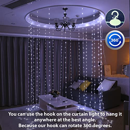 HXWEIYE 300LED Fairy Curtain Lights, 9.8x9.8Ft USB Plug-in 8 Modes Christmas String Hanging Lights with Remote for Bedroom Backdrop Wedding Indoor Wall Decor, White, Tangle-Free – 1 Pack - color: White, size: Regular