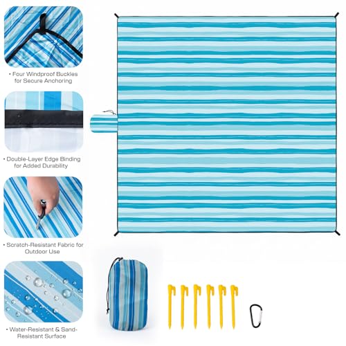 OIGAE Extra Large Beach Blanket, 10×10 ft Sand-Free Outdoor Picnic Mat for Groups, Water-Resistant Windproof Blanket with Stakes, Blue Wave Stripes - color: Blue Wave Stripes, size: 10x10 Ft (2～10 person)