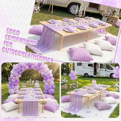 Beeveer 91 x 71 Extra Large Outdoor Boho Picnic Blanket with Purple Table Runner, 6 Throw Pillow Covers 6 Napkins Woven Cotton Yarn Oversize Beach Blanket Washable Picnic Camp Wedding - color: Purple