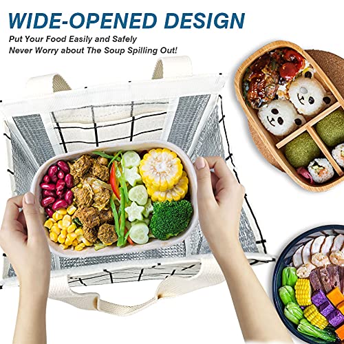 iknoe Insulated Lunch Bag for Women & Adults, 9L Foldable Wide-Open Cooler Bag with Pockets, Leakproof & Portable, for Picnic, Office, Beach(White grid) - color: White Plaid, size: Velcro Closure