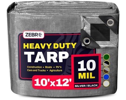 10' x 12' Silver/Black Heavy Duty Tarp with Grommets Reinforced - 10 Mil Thick - Double Sided Plastic Waterproof Tarps - Large Tarpaulin Cover for Outdoor Camping Tent Tarp RV Roof Rain - Zebro - color: Silver/Black, size: 10' x 12'