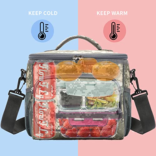 FlowFly Insulated Reusable Lunch Bag Adult Large Lunch Box for Women and Men with Adjustable Shoulder Strap,Front Zipper Pocket and Dual Large Mesh Side Pockets,DigitalCamo - color: DigitalCamo