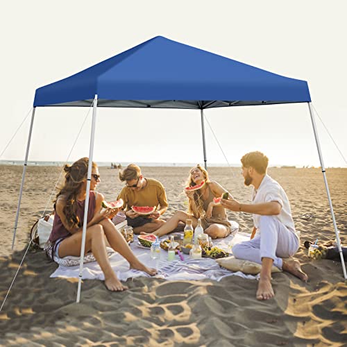 Tangkula 10x10 Ft Pop Up Canopy, Slanted Leg Outdoor Canopy Tent with Center Lock, UPF50+ Sun Protection, 4 Stakes, 8 Ropes, Carrying Bag, 1 Person Setup Instant Tent Shelter for Camp, Beach, Patio - color: Blue