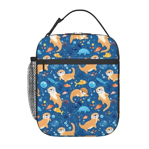 Reusable Otter Lunch Box for Kids Girls Boys Women Adult, Insulated Cute Marine Life Print Lunch Bag,Polyester Cooler Handbags Case for School Picnic Work Travel Outdoor Beach or Hiking (Blue) - color: Otter 01