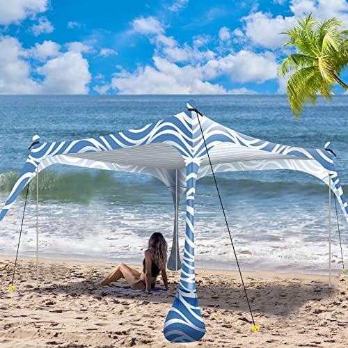Buheco Beach Tent Pop Up Shade 10x10ft Beach Canopy Sun Shelter UPF50+ with 4 Foldable Poles-Portable Carrying Bag-Sand Shovel-Ground Pegs-Windproof Ropes for Outdoor Family Camping-Fishing- Picnic - color: Sea Wave, size: 10x10FT 4 Pole