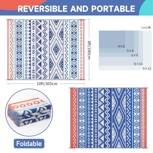 Outdoor Rugs Patio Camping Waterproof - 8x10 Plastic Straw Patio Rug Portable for Campers, Outside RVs Mat, Outdoor Area Carpet for Patios Clearance, Backyard Porch, Balcony, Picnic - color: Blue Red, size: 8' x 10' (Rectangular)