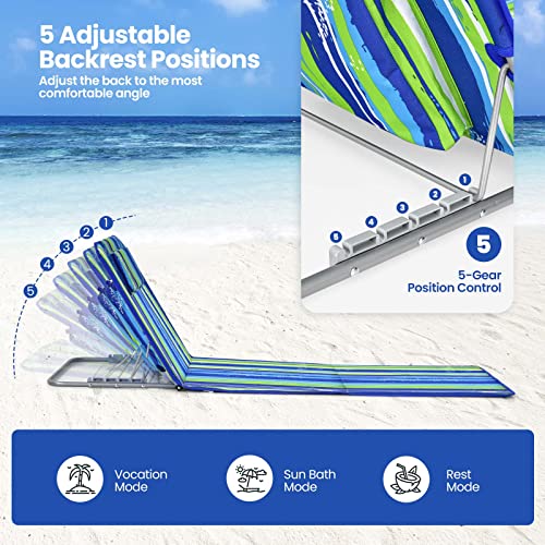 Giantex Beach Chairs for Adults 2 Pack Set with Side Table, 5 Position Adjustable Folding Lawn Chair for Sunbathing, Patio Chaise Lounge Lightweight Backpack Camping Chairs (Stripe) - color: Stripe
