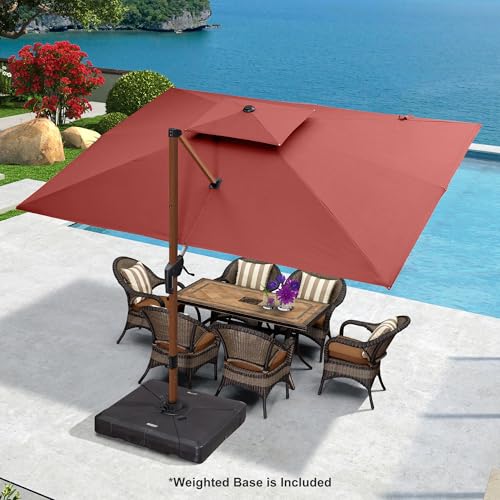 PURPLE LEAF 9' X 12' Double Top Deluxe Wood Pattern Rectangle Patio Umbrella with Base Offset Hanging Umbrella Outdoor Market Umbrella Garden Umbrella, Brick Red - color: Brick Red, size: 9'X12', style: Base Included