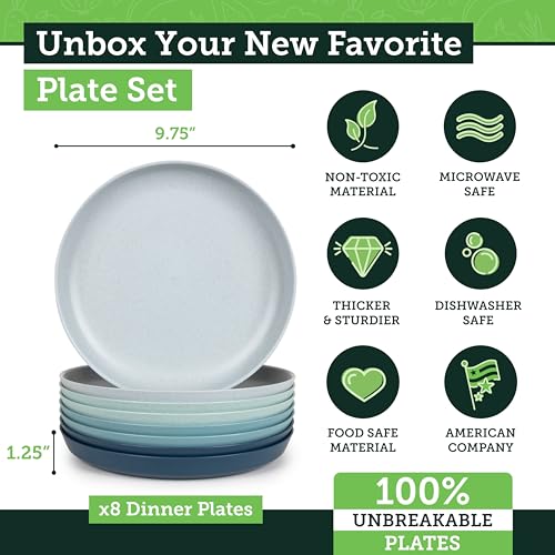 Grow Forward Premium Wheat Straw Plates - 10 Inch Reusable Hard Plastic Dinner Plates Set of 8 - Unbreakable Microwave Safe Plates for Dessert, Camping, RV, Outdoors, Patio, Kitchen Dishes - Seascape - color: Seascape, size: 10 inch