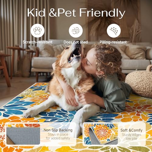 HUGEAR Floral Textured Weave Indoor Outdoor Area Rug 4X6 Washable High Traffic Stain Resistant Non Slip Durable Carpet for Livingroom Patio Deck Balcony Courtyard (Colorful, 4' x 6') - color: Multi Floral / Colorful, size: 4'x6' (Rectangular)