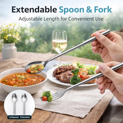 2 Pcs Extendable Fork Spoon Set 8.7 to 25.5in Stainless Steel Telescoping Long Dinner Tableware for Thanksgiving Gifts Barbecue Toasting Fruit Dessert (Silver) - color: Silver
