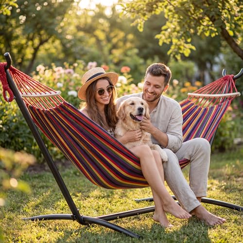 EveryFun Double Hammock with Heavy-Duty Steel Stand,Portable,Easy Assembly,600lbs Weight Capacity,Perfect for Indoor,Yard,Camping,or Outdoor-Rainbow - color: Dc-rainbow