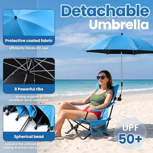 HaSteeL Low Beach Chair Set of 2, Foldable Blue Camping Chair with Adjustable Umbrella Set for Adults, Lightweight Portable Lawn Chairs for Fishing, Picnic, Outdoor BBQ, Travel, Sports - color: Blue Chairs + Blue Umbrella