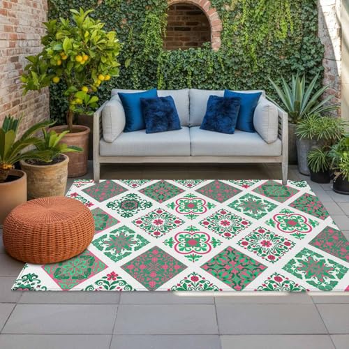 Vintage Boho Area Rug 5' x 7', Outdoor Rugs for Patio Rug Carpet for Sofa Living Room Bedroom, Large Floor Mat and Rugs for RV, Backyard, Deck, Picnic, Middle Century Bohemia Style Green - color: Green, size: 5' x 7' (Rectangular)