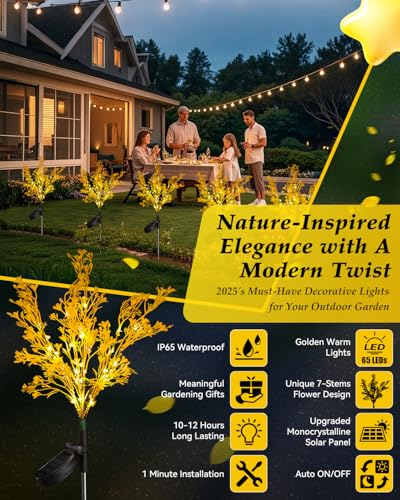 Neporal Solar Lights Outdoor Decorative 2PK, 7-Stems Golden Solar Flowers Outdoor Waterproof for Garden, Yard, Patio,Flower Pots - Gardening Gifts for Women - size: 2PK