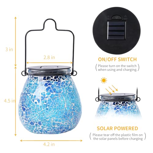 Afirst Mosaic Solar Lanterns Outdoor - Glass Hanging Solar Lights Hollow Out Waterproof Table Lamp Outdoor Decorative for Garden, Patio, Holiday Party Outdoor Decoration - style: ice-blue