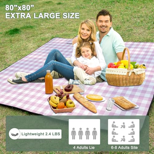 ZUBOND Large Picnic Blanket Outdoor Picnic Mat Waterproof Foldable 80''x80'', Beach Blanket Sandproof for LawnPark, Grass, Travel, Hiking, Camping Essentials, Vintage Gingham Picnic Blanket - color: Pink White, size: 80 x 80 Inch