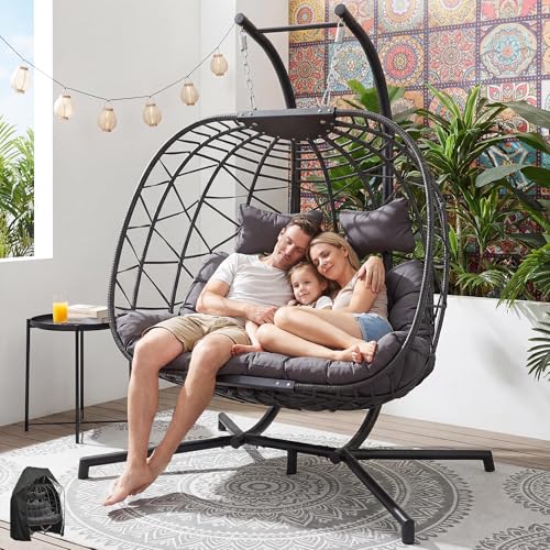 BULEXYARD Double Hanging Egg Swing Chair with Removable Cover, Extra Large 2 Person Patio Chair with Stand, Comfy Wicker Loveseat with Cushion for Indoor Outdoor Balcony Backyard, Dark Gray - color: Grey/Grey, size: 2 Seats with Cover
