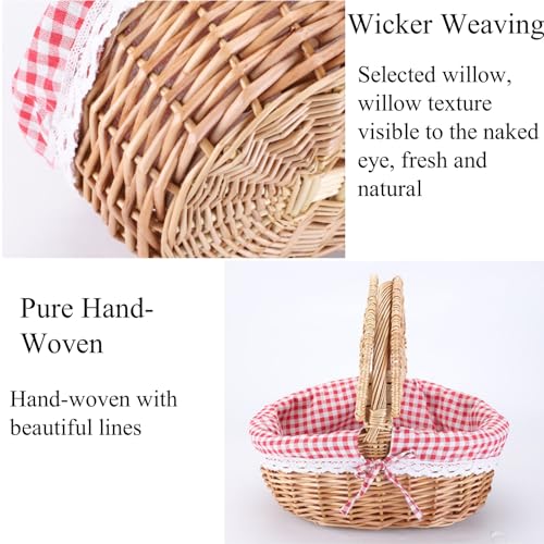 13.78" Wicker Picnic Basket with Picnic Cloth Vintage Picnic Basket with Removable Liner, Folding Handle and Lid Picnic Basket Set for Picnic, Camping, Outdoor, Valentine Day, Thanks Giving, Birthday
