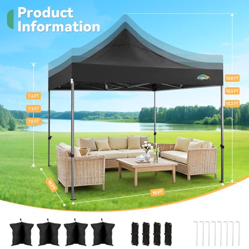 COBIZI 10x10 Heavy Duty Pop Up Canopy Tent with 4 Sidewalls Thicken Frame, Commercial Easy Up Outdoor Wedding Party Tents, All Season Waterproof Windproof with Stakes Sandbags Ropes Roller Bag, Black - color: Black, size: 10x10