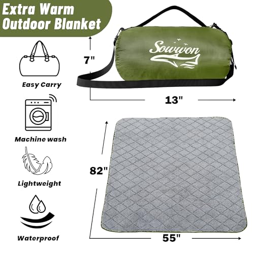 Waterproof Outdoor Blanket 82”X 55” Packable, Stadium Blankets for Camping with Sherpa Fleece Lining, Large Windproof Emergency Throw Mat for Garss Picnic Hiking Road Trip, Machine Washable, Green - color: Sherpa Green-300 Gsm, size: 82"x 55"
