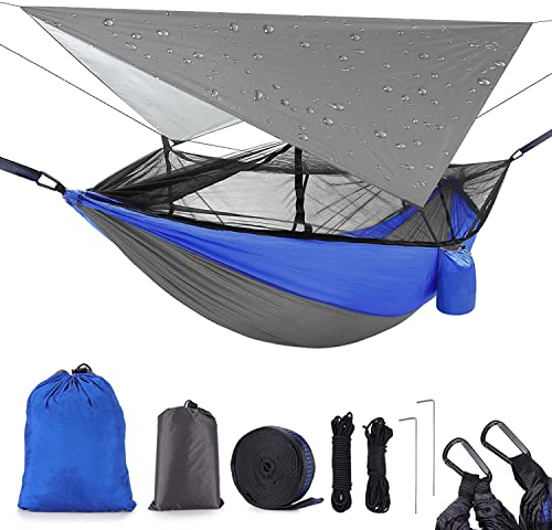 Camping Hammock with Mosquito Net & Rain Fly Tent Tarp & Tree Straps Portable Strong Nylon Hammock Parachute Tent w/Storage Bag for Camping Hiking Backyard Outdoor Backpacking Travel - color: Blue