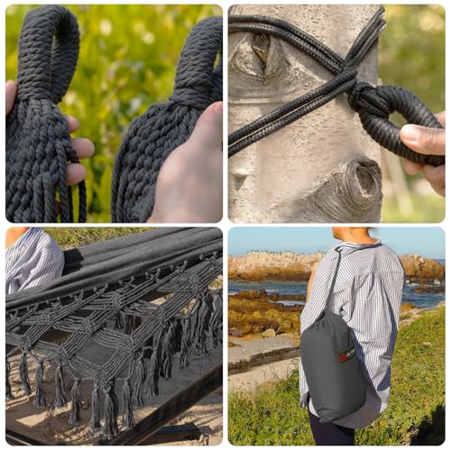 JoyView Boho Macrame Double Hammock with Hanging Ropes & Elegant Tassels 86.6x59 Portable Cotton Hammock for Patio Backyard Porch 450LBS Weight Capacity Perfect for Outdoor/Indoor - Dark Grey - color: Dark Grey