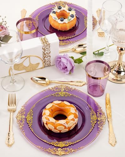 Nervure 350PCS Purple Plastic Plates - Purple Plastic Dinnerware Sets for 50 Guests - 100 Disposable Plates, 150 Gold Silverware, 50 Cups, 50 Napkins for Wedding & Party - color: Purple