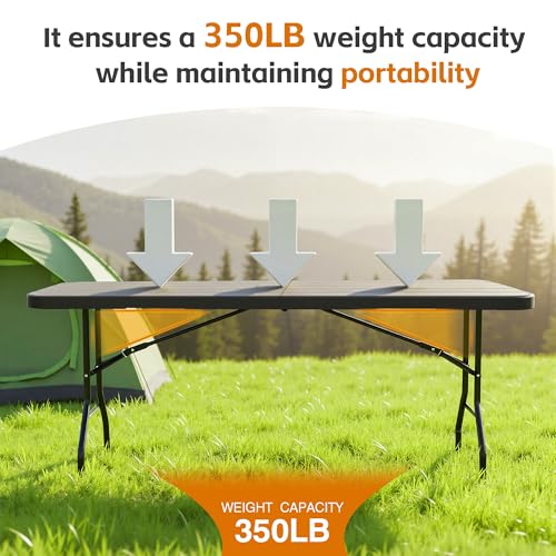 6 Ft Plastic Folding Table,Heavy Duty Portable Table for Indoor & Outdoor,Wood Grain Desktop & 350lbs Weight Capacity,Premium Solutions for Camping,Picnic,BBQ and Party - size: 6ft-black