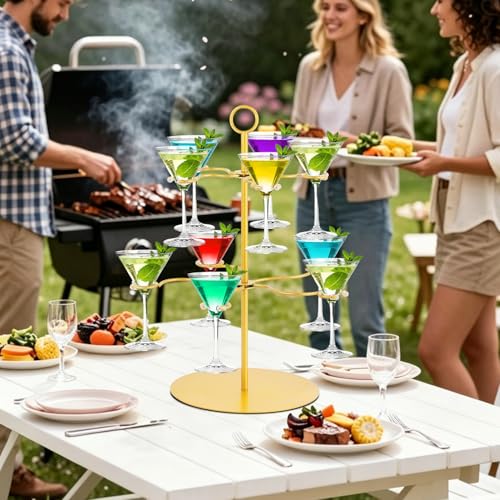 QPIX DIGITAL Champagne Tower,Metal Cocktail Tree Stand 2 Tier - 10 Holders For Champagne, Cocktails, Martini, Margarita Cups at Weddings,Bridal Parties & Events,Cocktail Glass Gold Holder - color: Gold, size: 17"x 13"-10 Holders