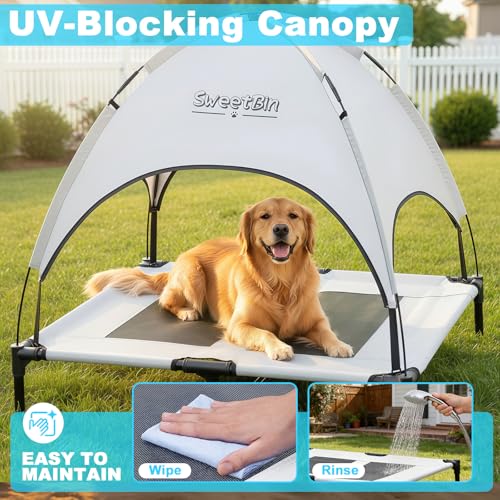 S/M/L Outdoor Raised Dog Cot with Canopy & Side Shade - Portable Cooling Elevated Dog Bed for Camping Beach (with Carry Bag) - color: Grey, size: L (36" x 30" x 35")