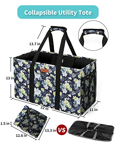 WONDAY Extra Large Reusable Grocery Bag Carrier with Handle, Thirty One Utility Tote Foldable for Shopping and Beach - color: Dark Blue Flower