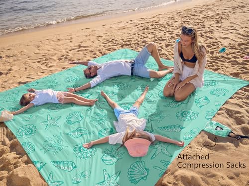 WEKAPO Beach Blanket Waterproof Sandproof Oversized, Extra Large Beach Mat Sand Free, Lightweight & Compact Sand Free Mat with 5 Stakes & 4 Corner Pockets - color: Turquoise Shells, size: 11 x 9 FT (1～9 person)