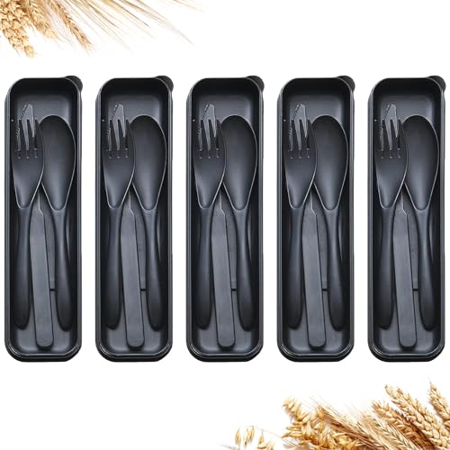 Reusable Travel Utensils Set with Case, 5 Sets Wheat Straw Portable Plastic Fork Spoons Knife Cutlery, Camping Eco-Friendly BPA Free Tableware for Kids Adults Work Picnic or Daily Use (Black) - color: 5 Black